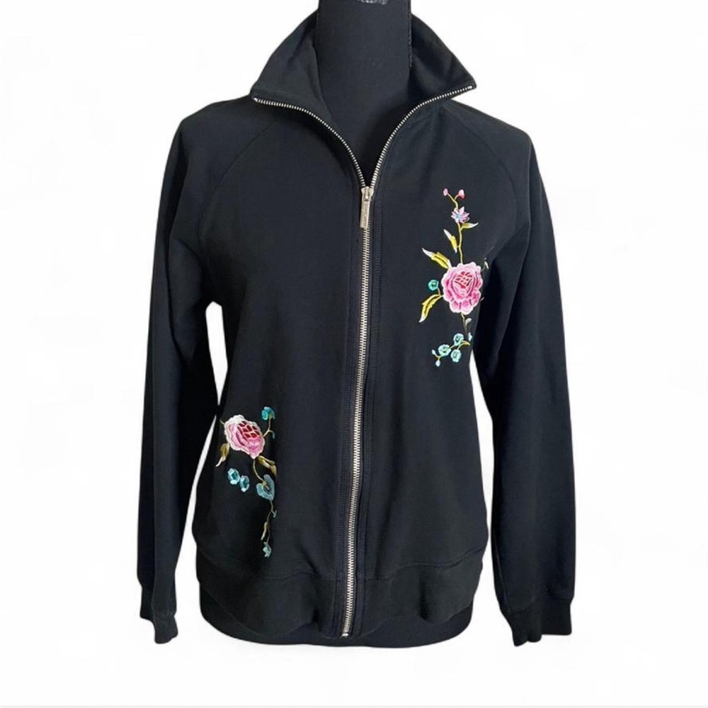Vintage Oleg Cassini Sport 80s Black Zip-Up Jacket with Floral Embroidery